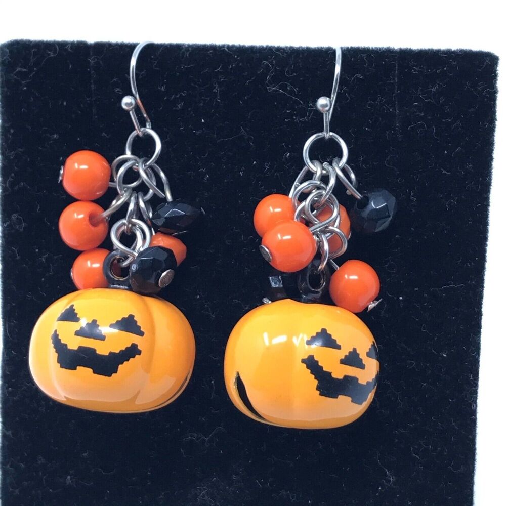 Halloween Pumpkin Dangle Drop Earrings Jingle Jewelry